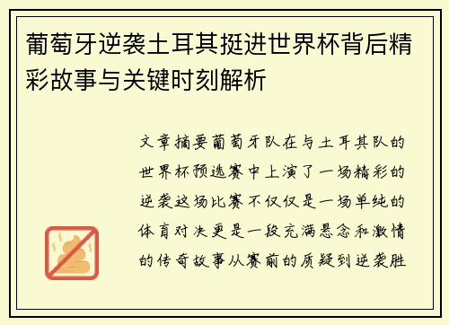 葡萄牙逆袭土耳其挺进世界杯背后精彩故事与关键时刻解析